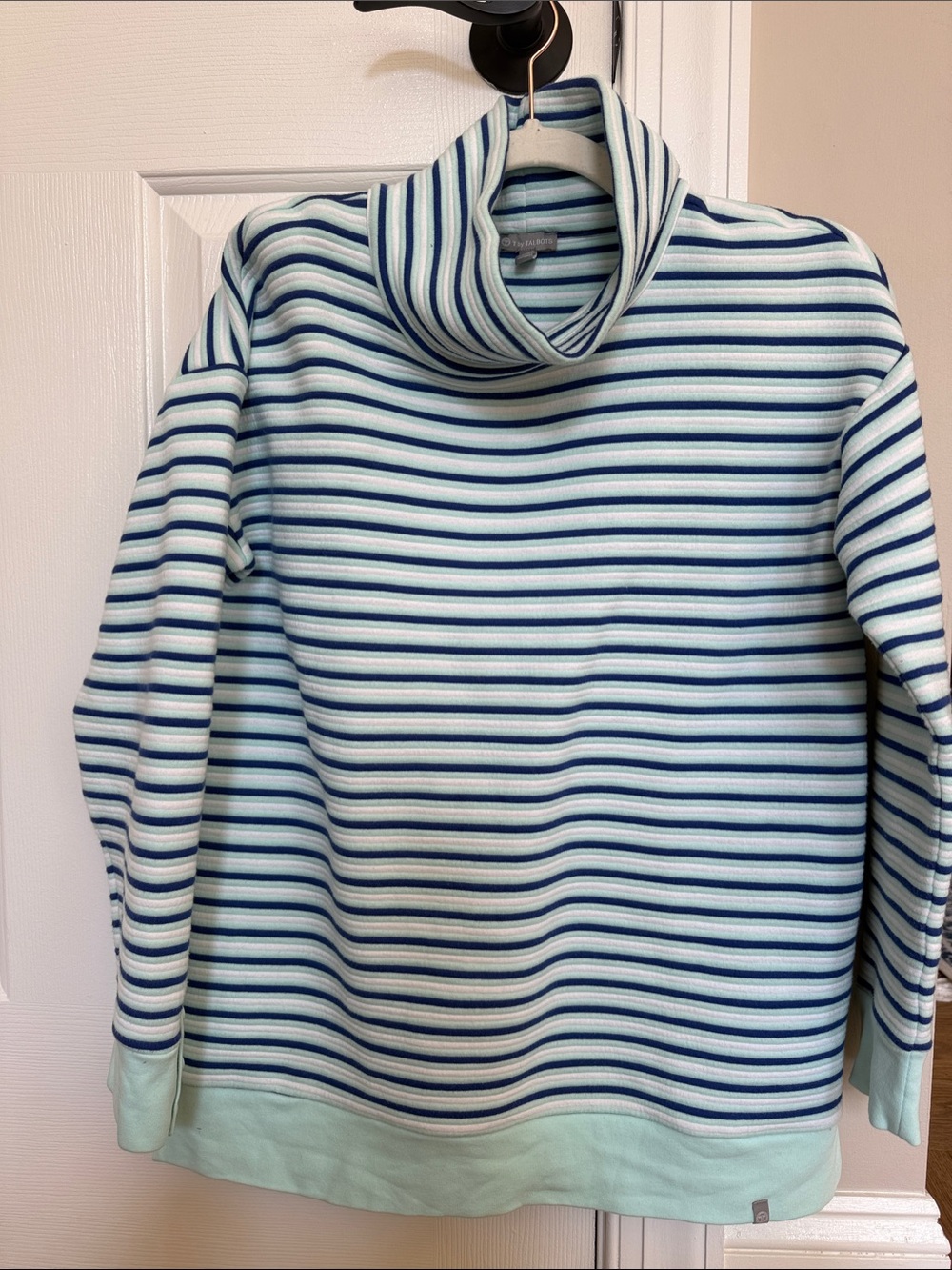 Talbots Teal and Navy Striped Cowl Neck Sweater
